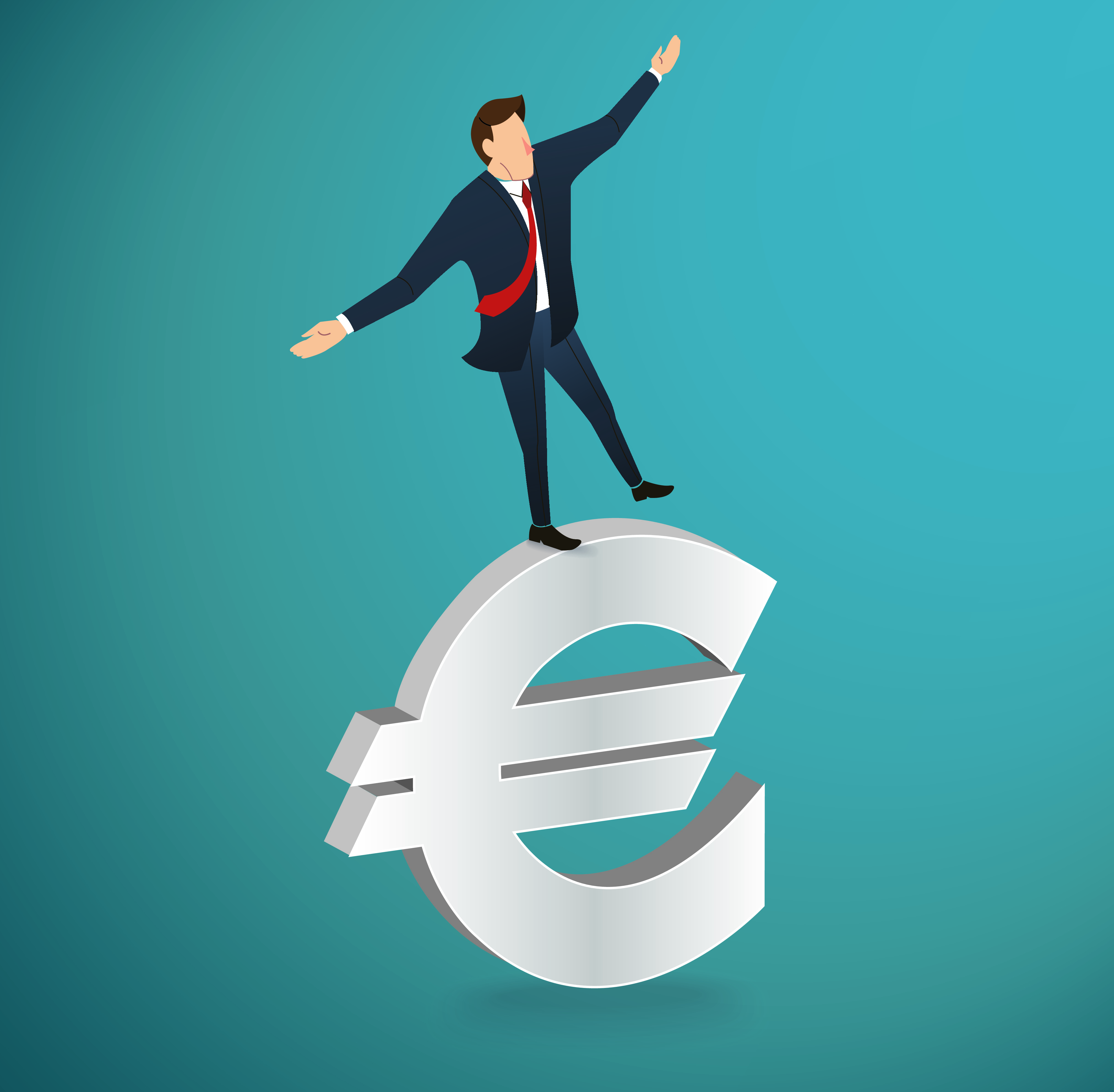 Symbool van de EURO met daarboven een man die aan het balanceren is op de EURO