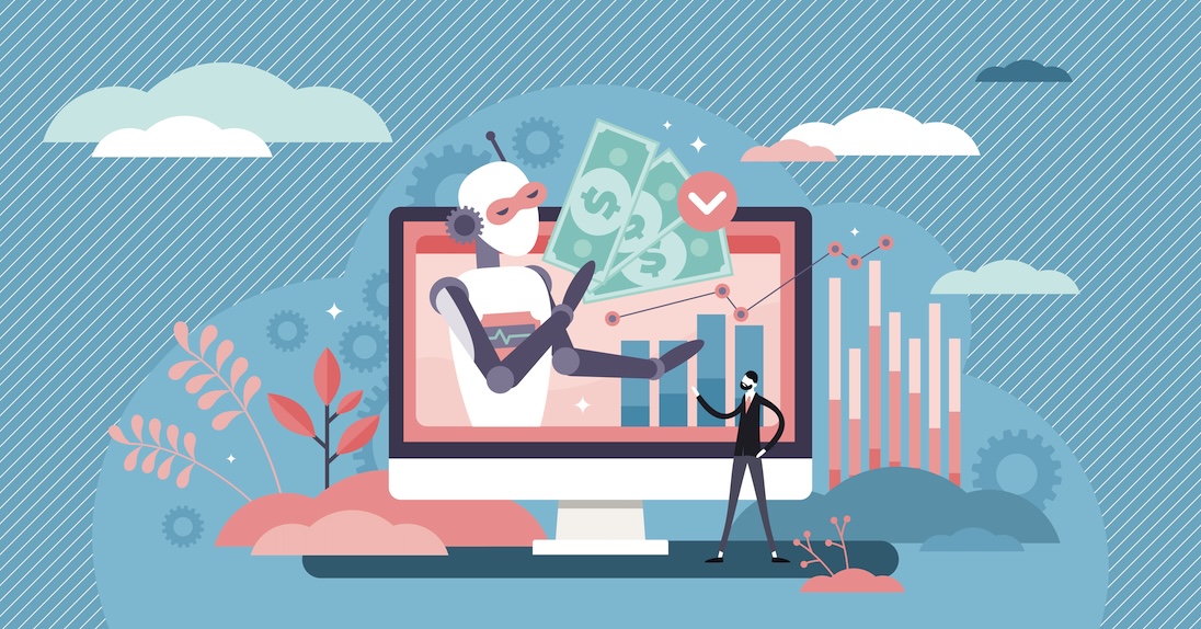 Robot op het scherm van een computer die bankbiljetten in zijn hand heeft met de bedoeling om te gaan beleggen