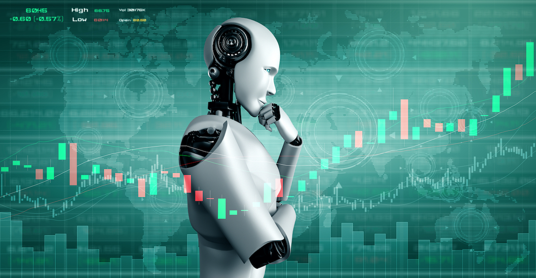 Humanoide robot die nadenkend kijkt naar een beursgrafiek