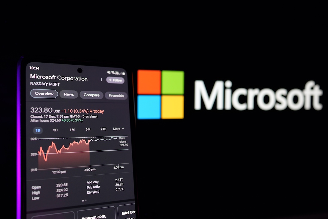 Logo Microsoft met daarachter een scherm met daarop de beurskoers van Microsoft