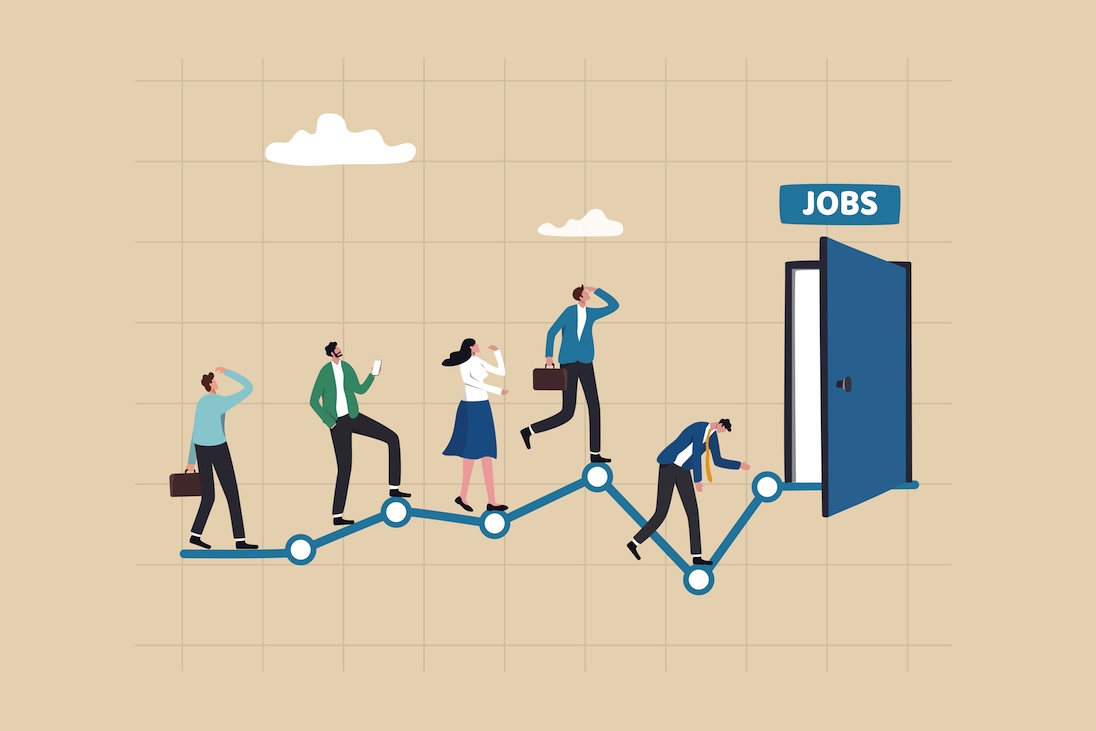 grafiek waar mensen op lopen naar een deur met daarvoven JOBS geschreven
