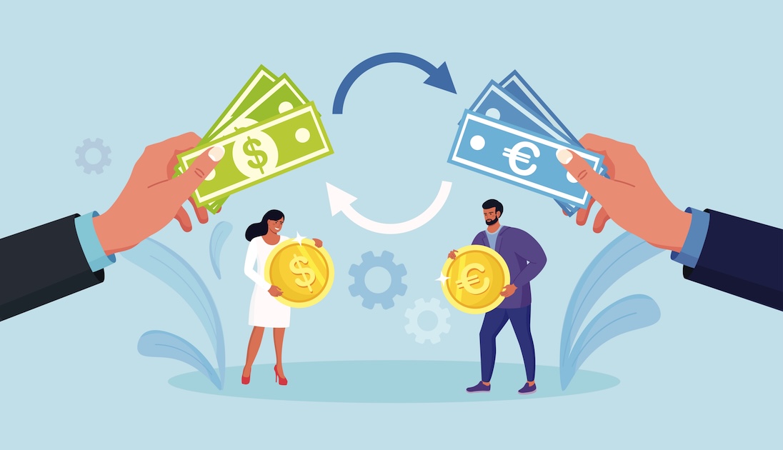 man en vrouw met dollar en euromunten en op voogrond twee grote handen die euro en dollar omruilen