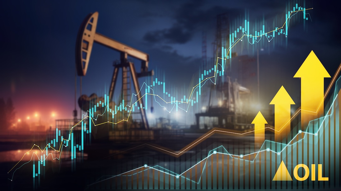 Grafiek met opgaande lijn met daarbij het woord OIL. op achtergrond een olieboor ja-knikker