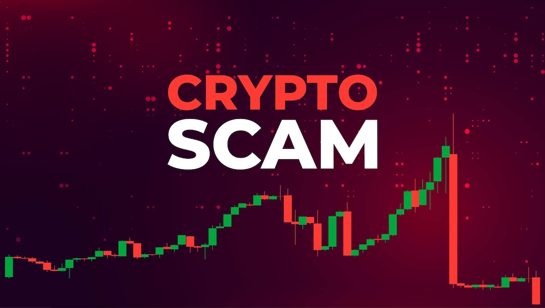 grafiekje met grote daling en daarboven geschreven met grote letters CRYPTO SCAM