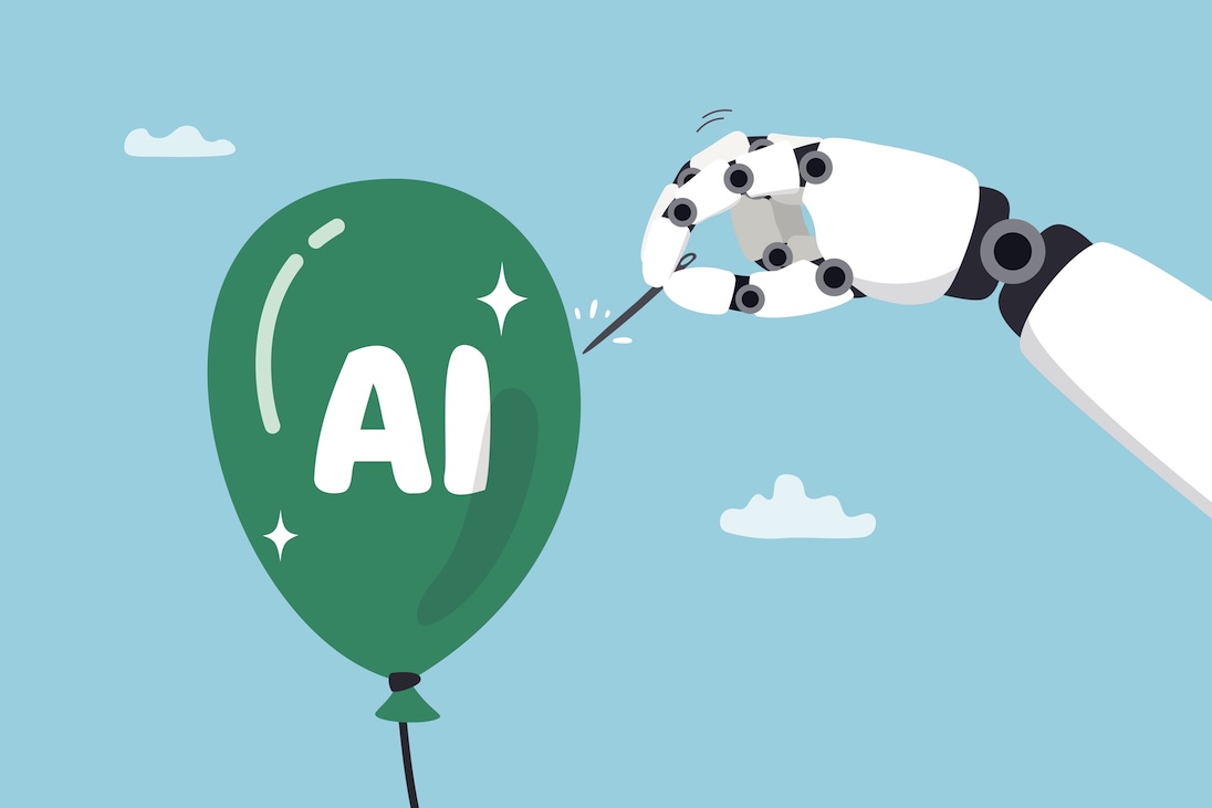 Hand van robot met daarin een naald die een ballon met daarop geschreven AI wil gaan doorprikken